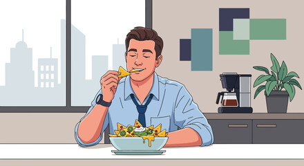 A relaxed office worker enjoys a bowl of nachos during a break at his desk with a city view