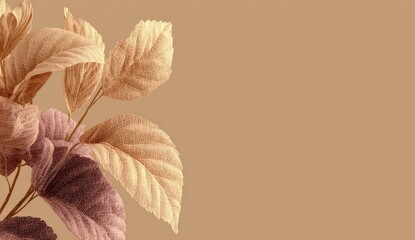 Delicate, detailed leaves in warm tones create a tranquil, autumnal aesthetic against a soft beige background.