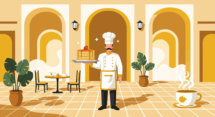 A serene illustration depicting a chef serving pancakes in a charming restaurant ambience