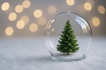 Christmas tree inside a glass snow globe on snowy surface with bokeh lights in background representing festive xmas and new year decoration concept. Ai generative