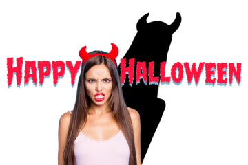 Composite photo collage of angry girl devil wear horns headband halloween paranormal tradition celebration isolated on painted background