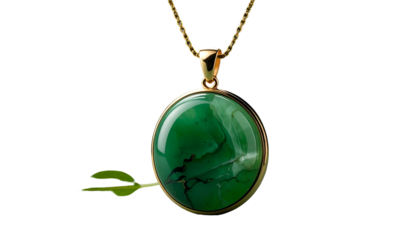 Gold necklace with large green gemstone pendant. A small arrow