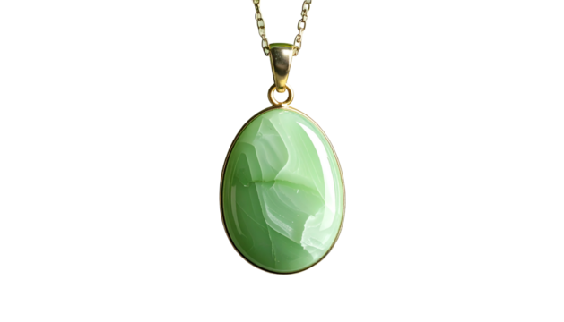 Green gemstone egg-shaped pendant with gold chain, on black backdrop