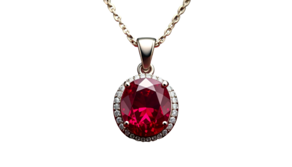 Exquisite ruby pendant with diamond halo on a golden chain