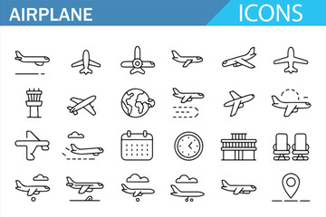 Aviation Line Icon Set: Jets, Runway, Tower, Seats & Luggage