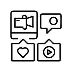 Digital media icons representing video content sharing and social interaction