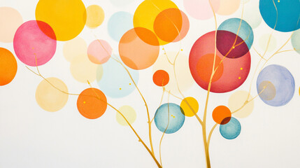 Close-up of a minimalist abstract family tree on white canvas, vibrant pastel circles connected by thin golden lines, modern gallery lighting