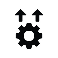 Black gear icon with two upward pointing arrows symbolizing progress and improvement
