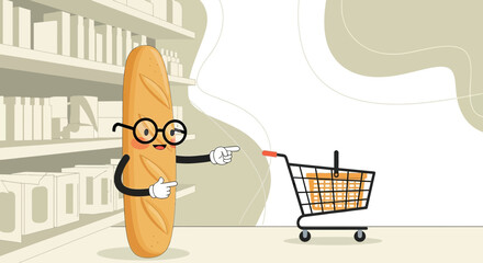 Cartoon baguette character indicating shopping cart in a supermarket aisle scene