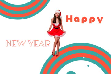 Composite trend artwork photo collage of winter holiday new year merry christmas team santa claus dress young lady model posing kiss cute