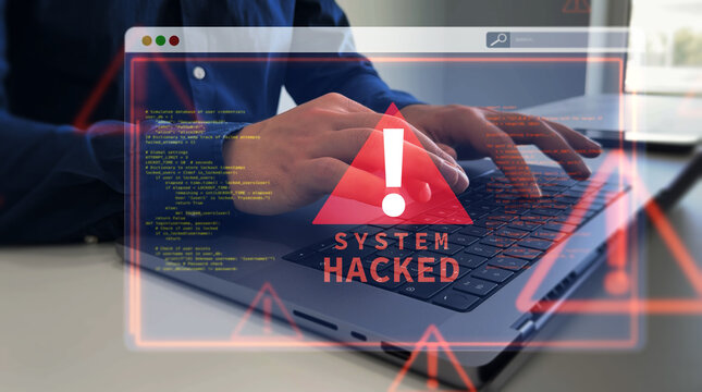 Cybersecurity breach concept with hacked system, malware attack, data theft and digital vulnerability. 