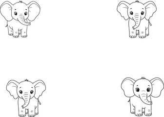 Four cute cartoon baby elephants in the corners of a white background, presented as a black and white line drawing for coloring.