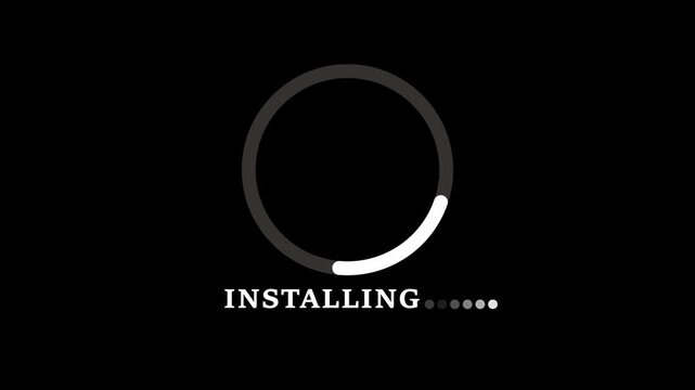 Black background with white circular progress bar and the word INSTALING with loading dots circle