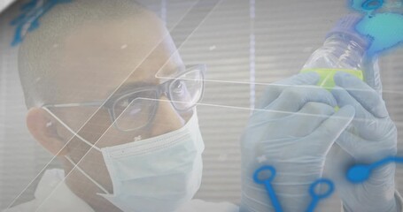 Lab researcher lifting vial and examining color and clarity with global data overlays appearing - Powered by Adobe