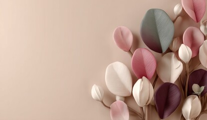 Pastel-colored floral arrangement, featuring delicate blossoms and leaves, arranged against a soft beige background.