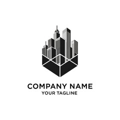 Modern black and white logo design featuring a stylized cityscape with tall buildings emerging from a geometric hexagonal base, suitable for real estate or construction businesses.