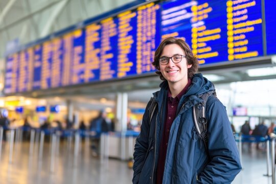 Young man smiling at the airport terminal with flight information display in the background