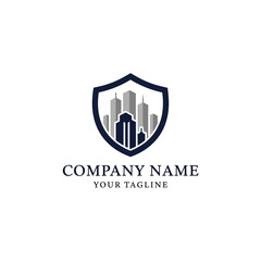 Modern shield logo with city skyline silhouette, representing a company name and tagline, suitable for real estate or security businesses.