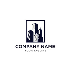 Monochromatic logo design featuring a silhouette of modern city buildings within a square frame, with placeholder text for company name and tagline.