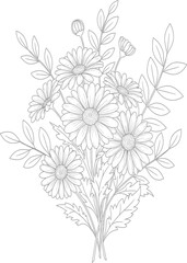 A detailed black and white line drawing of a bouquet of daisies and leaves.