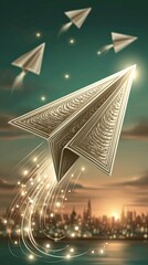 Resilience concept Futuristic Paper Airplane Soaring Over City at Sunset concept artwork for overcoming obstacles and growth mindset