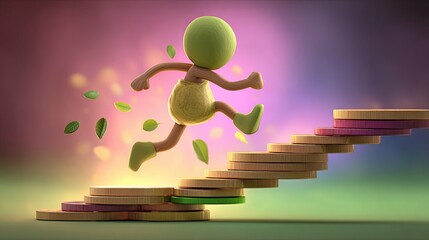 Inspirational growth Whimsical Figure Leaping Across Coin Stacks with Floating Leaves creative artwork for mindfulness balance and personal growth