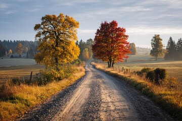 Naklejka premium Country road with red and yellow autumn trees, morning light and minimal composition, shallow depth