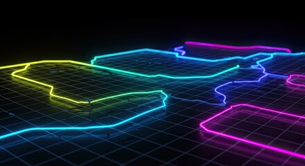 Futuristic geometric pattern Tron inspired glowing lines dark digital grid. 