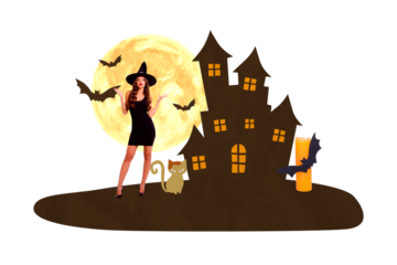 Composite artwork 3D sketch collage of happy halloween poster spooky season party home moon young woman witch hat cat stand candle bat