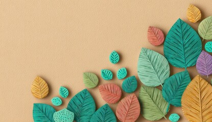 A colorful arrangement of stylized leaves in various shades of teal, orange, and muted pinks, arranged artfully against a neutral beige background, creating a soft and inviting atmosphere.