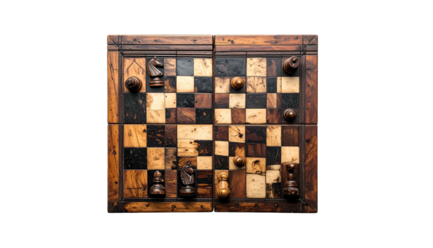 Wooden chess board with pieces in place, overhead view