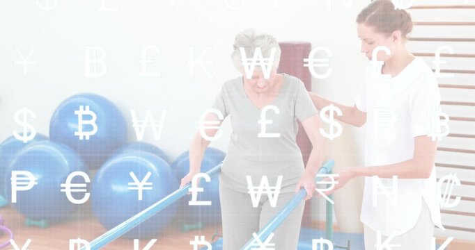 Rehab patient shifting weight on parallel bars, walking for balance with therapist guiding posture