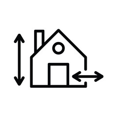 Simple line icon of a house with vertical and horizontal measurement arrows