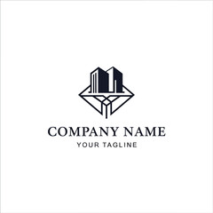 A black and white logo featuring three stylized houses in a circular emblem with mountains in the background, suitable for real estate or construction businesses.