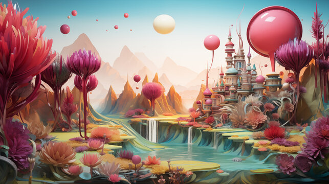 Enchanted fantasy landscape with whimsical castle and vibrant flora, perfect for children's books, dreamlike scenes, and magical adventures, a serene escape
