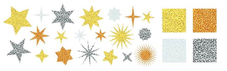 Glitter seamless patterns and star shaped stickers in gold, silver, bronze, and white. Sparkling vector sequin textures shine with disco effect. Perfect for christmas designs. Drag to swatches panel