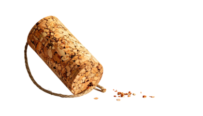 Close-up of a cork with a cord on black backdrop and bits around