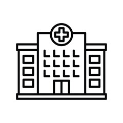 Simple line art icon of a modern hospital building with a medical cross symbol