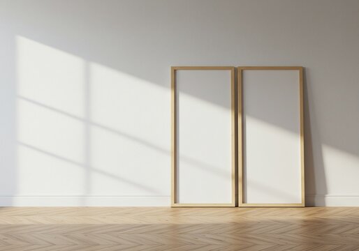 Two Blank Wooden Frames Leaning in a Sunlit Room with Diagonal Window Shadows