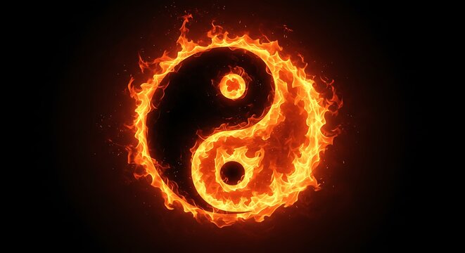 Fiery yin yang symbol balancing harmony and energy on black background