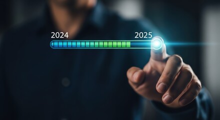 Hand touching progress bar from 2024 to 2025 loading future