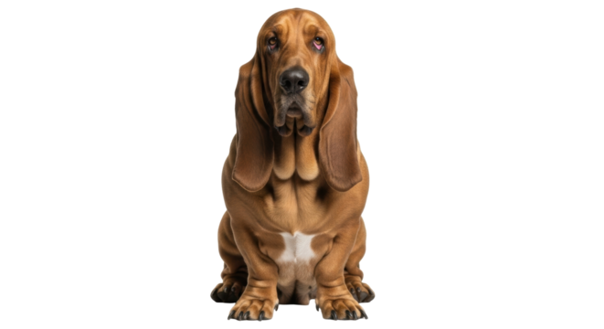 Isolated basset hound posing in studio, sitting dog, looking sad, floppy long ears