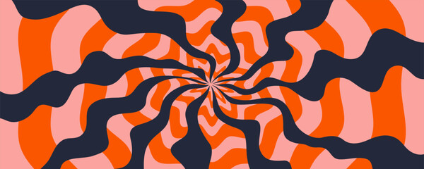 Psychedelic background with spiral rays in pink, orange, and black. Groovy Y2K abstract wavy pattern, perfect for posters, prints, and retro graphic designs