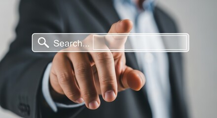 Man in suit touching search bar on screen search engine internet search