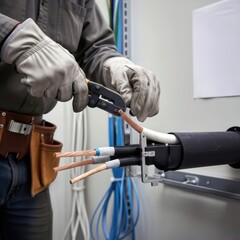 An electrician wearing protective gloves uses a crimping tool to cut a thick copper electrical cable.