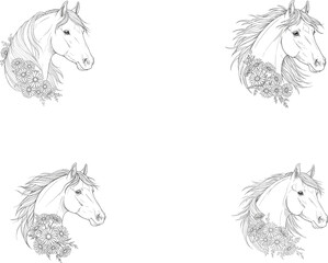 Set of four elegant horse head portraits with floral decorations, rendered in black and white line art.
