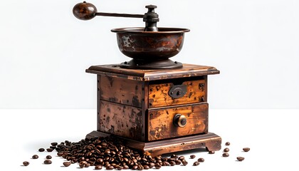 A Vintage Coffee Grinder and Roasted Beans
