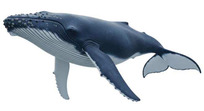 Isolated Humpback Whale with flippers, tail, fins, blue and gray animal for reference