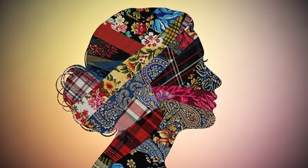 Sophisticated patchwork silhouette art showcasing diverse textile patterns, perfect for fashion, design, and creative projects with a vintage aesthetic