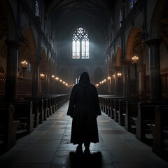 dark, symbolic scene inside a massive, shadowy cathedral 